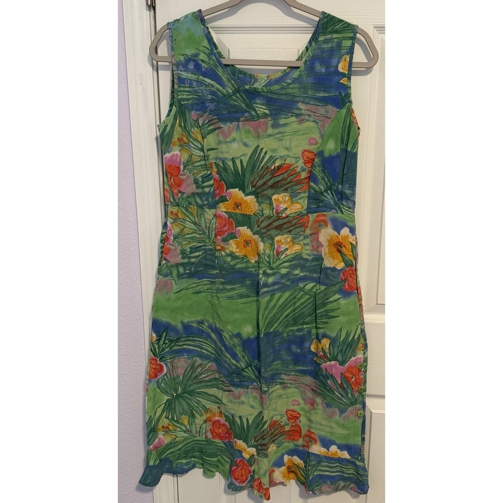 Vtg Jams World Sleeveless Tank Dress Green Tropical Floral Pockets Ruffle Medium